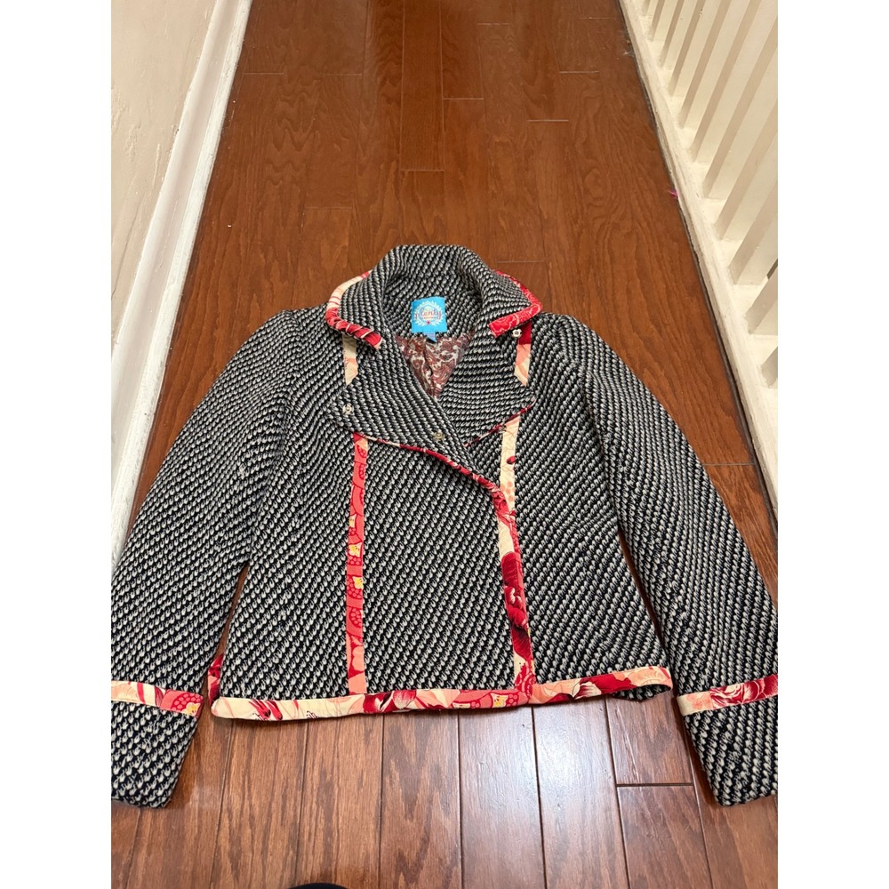 Plenty by Tracy Reese Wool Blend Moto Jacket Black White Red Floral Trim Size 10